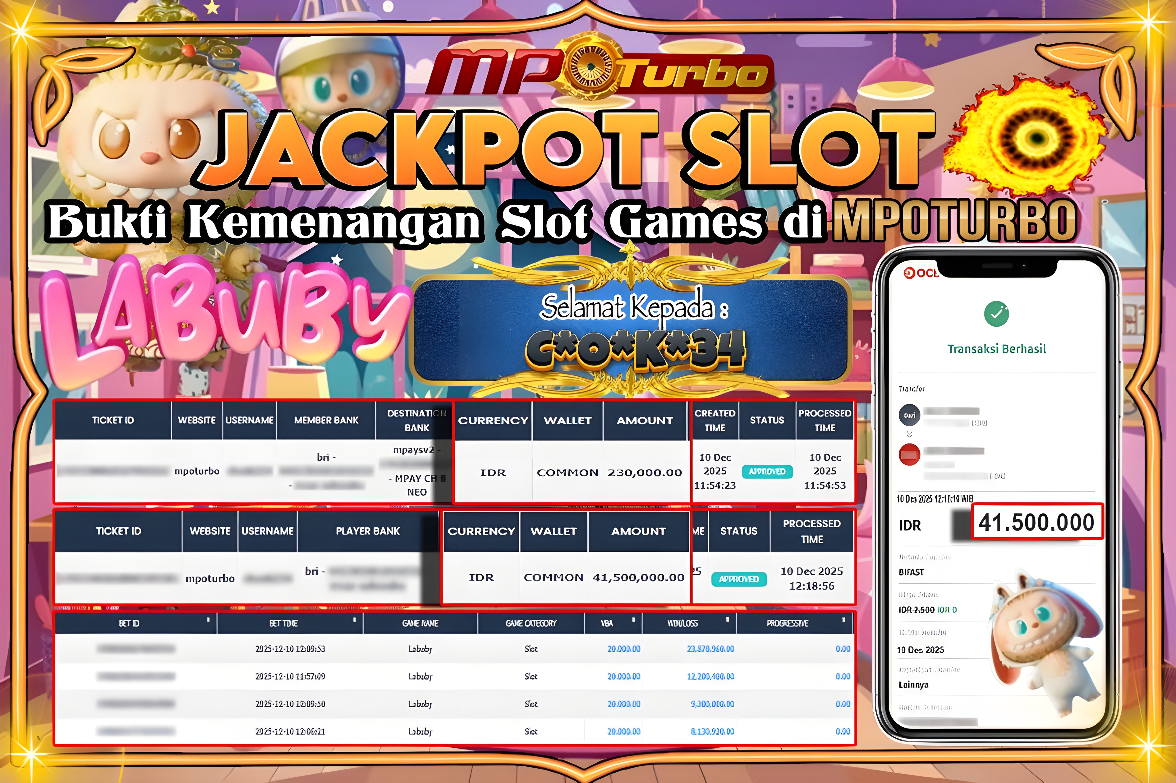 MPOTURBO JACKPOT LABUBY - 5G GAMES Rp 41,500,000.00,- LUNAS
